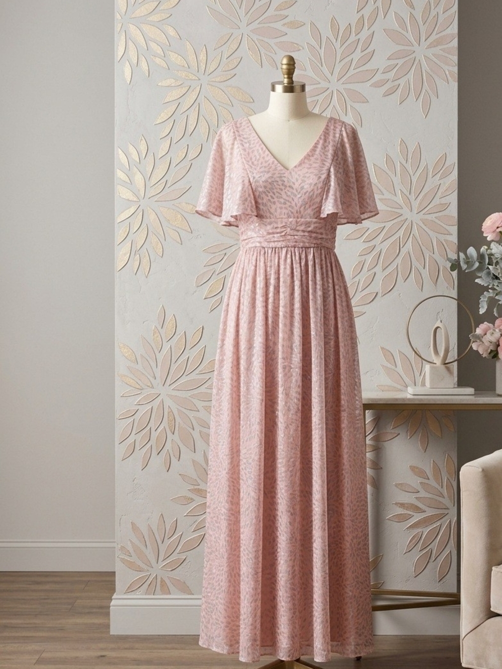 Flutter Sleeve V-Neck Maxi Dress in Dusty Pink